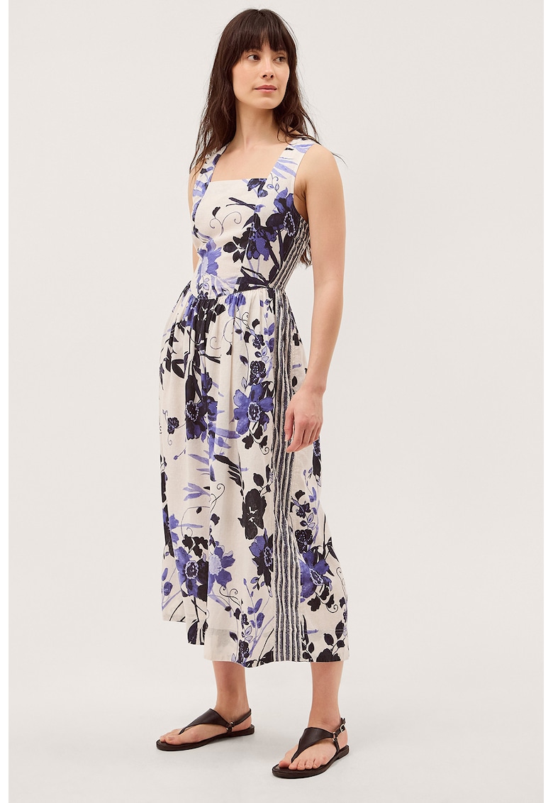 Rochie cu model si decolteu patrat - Alb/Albastru