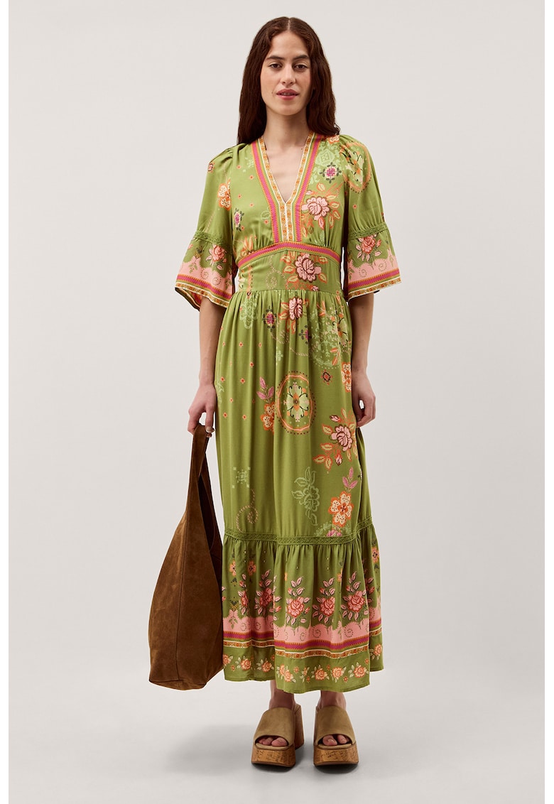 Rochie lunga cu decolteu in V - Portocaliu/Roz/Verde fistic