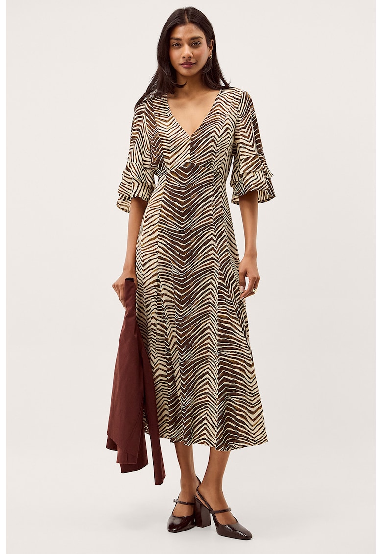 Rochie midi evazata cu decolteu in V - Crem/Maro pamantiu