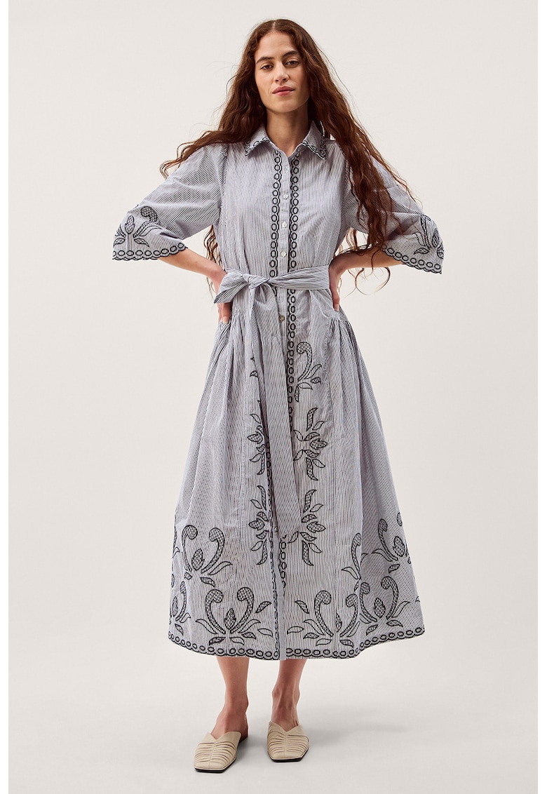 Rochie evazata de bumbac - Alb/Bleumarin