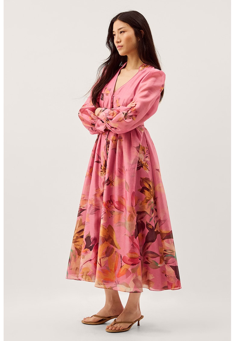 Rochie evazata cu design floral - Portocaliu/Kaki/Roz
