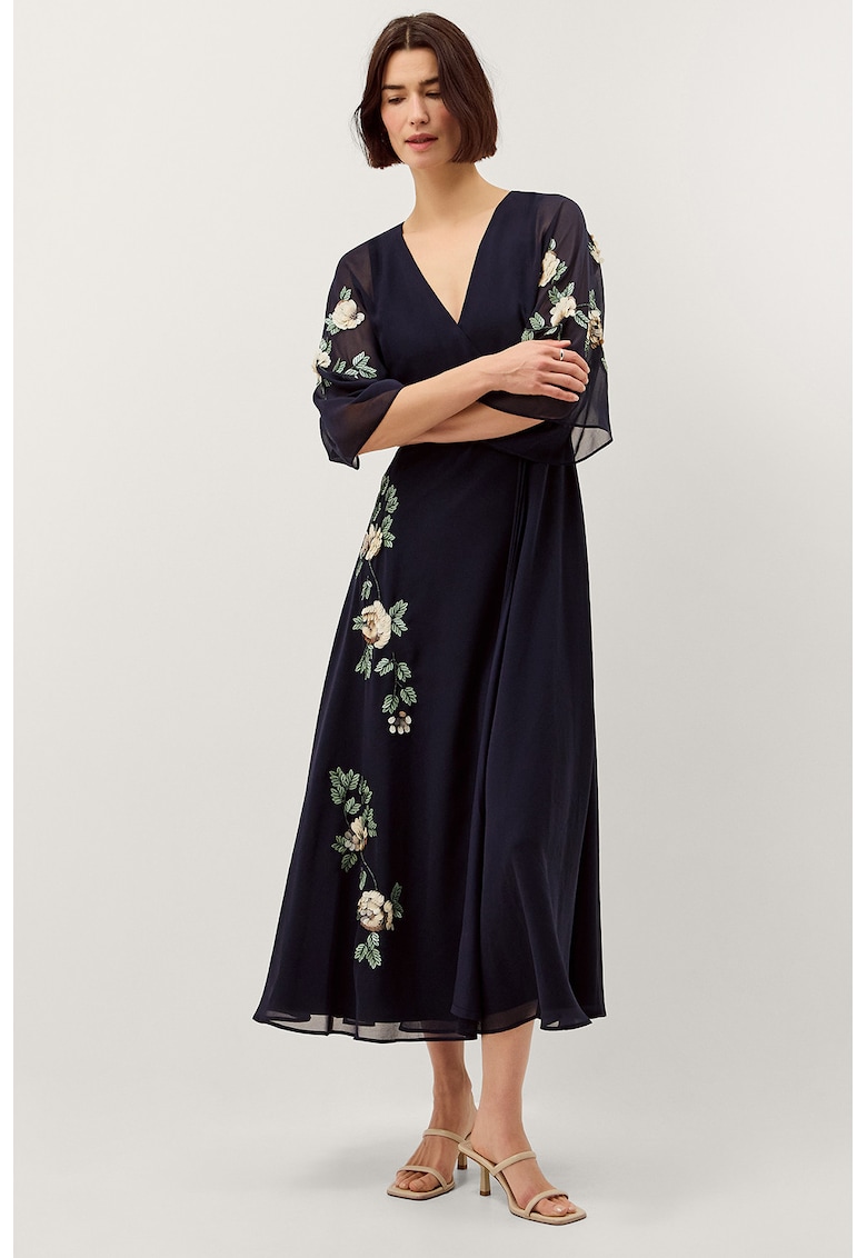 Rochie cu design floral si decolteu in V - Alb/Verde/Albastru ultramarin