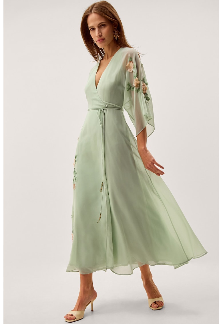 Rochie cu design floral si decolteu in V - Verde pal