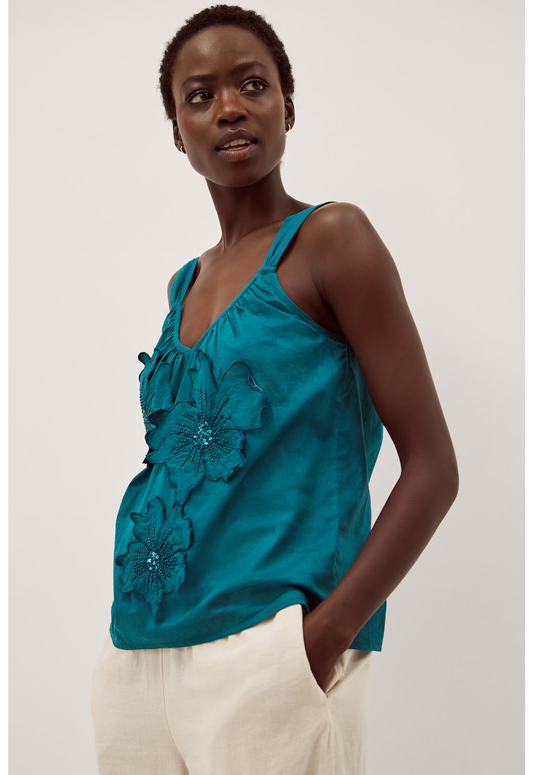 Top cu flori si paiete Rosalie - Albastru petrol
