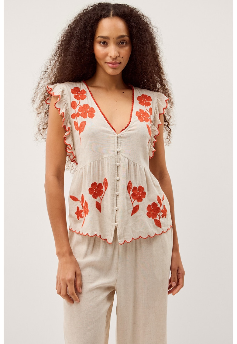 Bluza cu maneci scurte din amestec de in si broderie Rhea - Ecru/Portocaliu mandarina