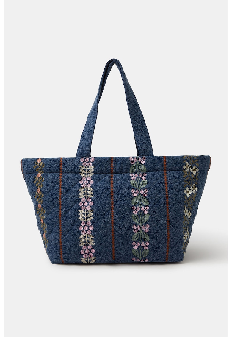 Geanta shopper matlasata de denim cu broderie - Verde/Roz/Bleumarin