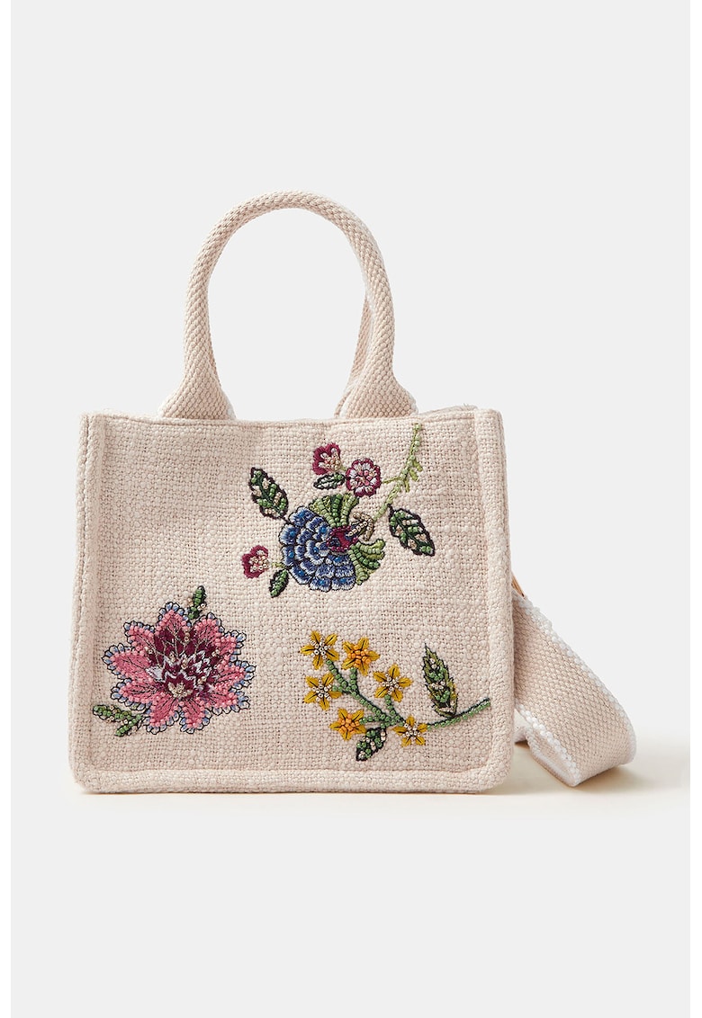 Geanta crossbody textila cu broderie - Verde/Alb fildes/Roz