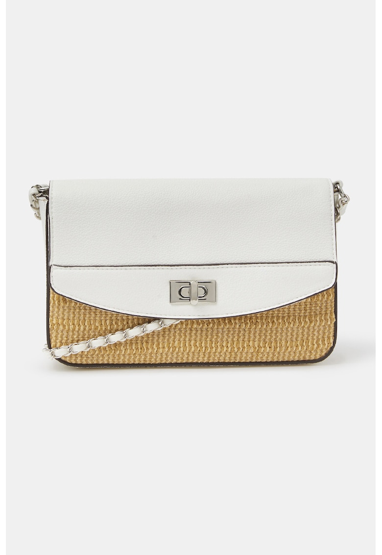 Geanta crossbody de rafie cu insertii de piele ecologica - Alb/Bej