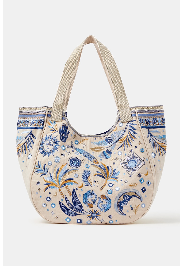 Geanta shopper cu broderii - Alb fildes/Albastru/Galben mustar