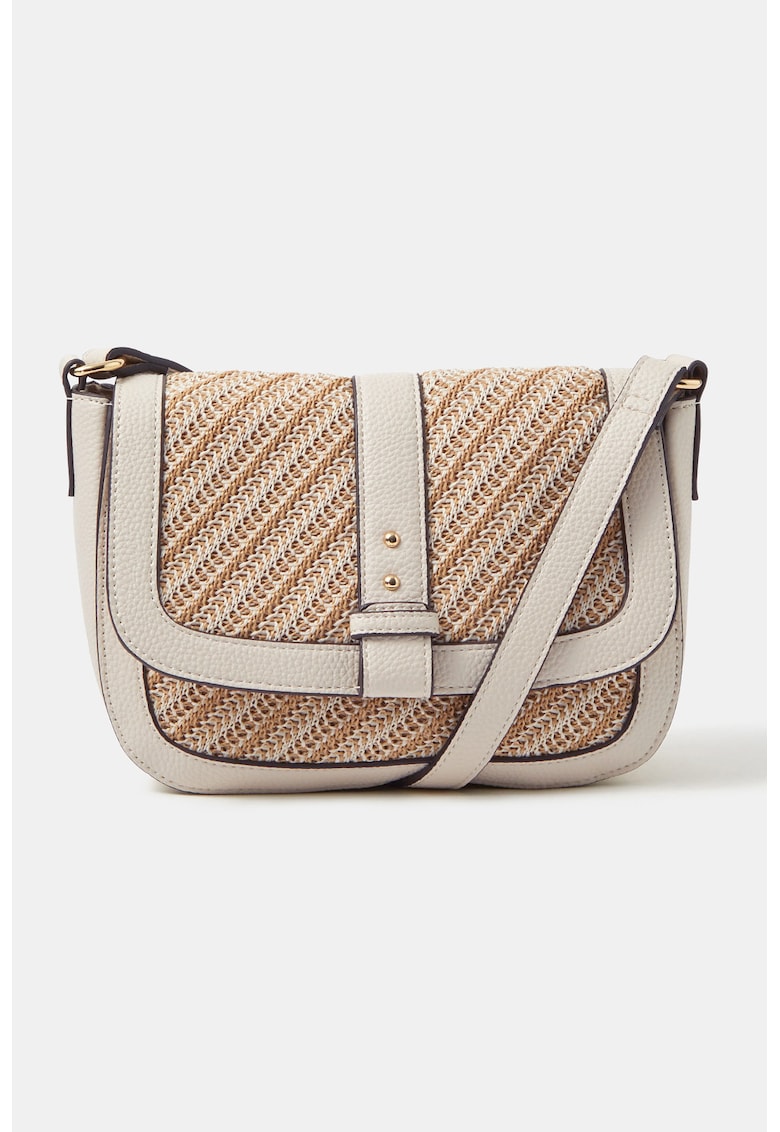 Geanta crossbody cu segment tesut - Alb fildes/Maro taupe