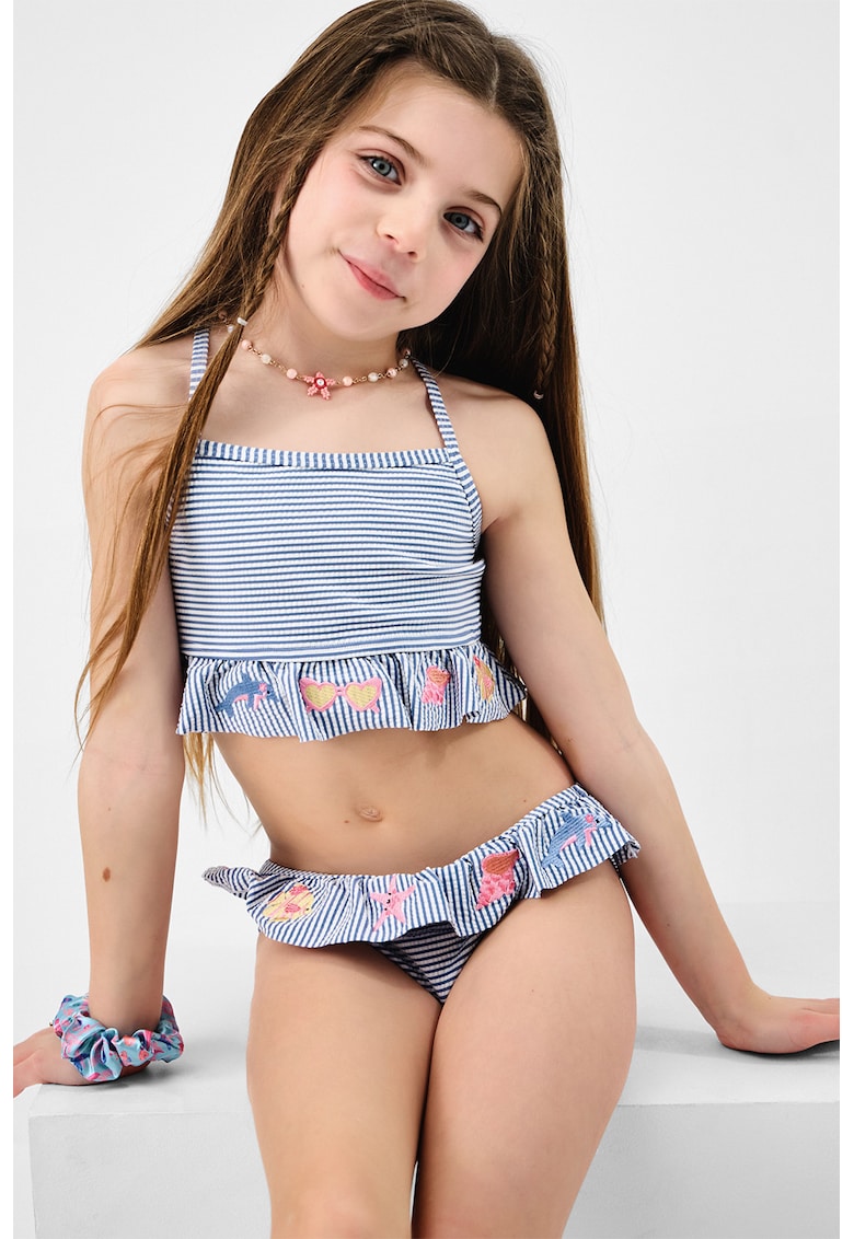 Costum de baie din doua piese cu broderie si volane - Alb/Bleumarin