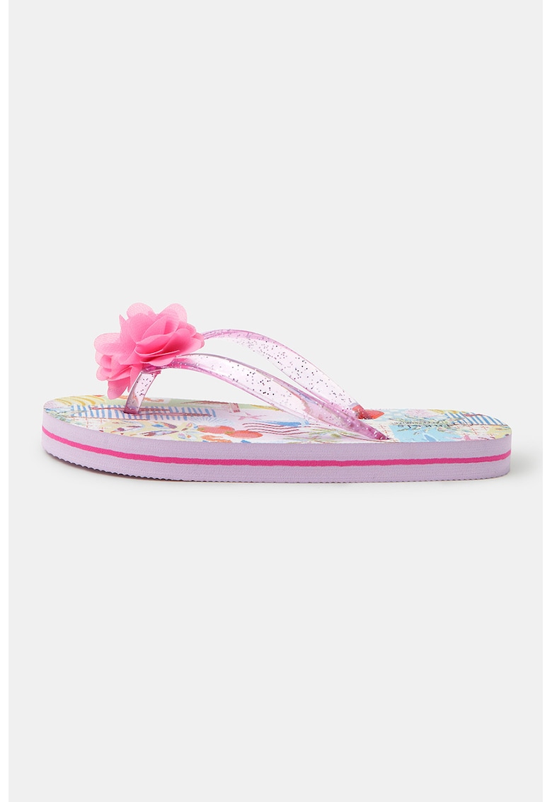 Papuci flip-flop cu aplicatie florala - Roz/Multicolor