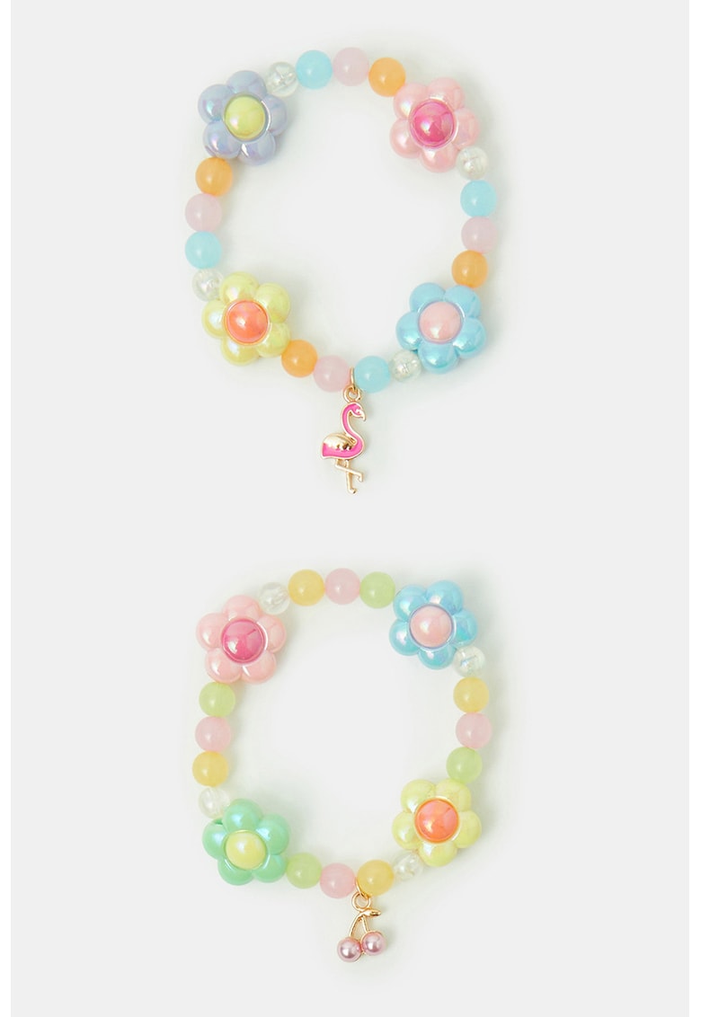 Set de bratari cu margele si elemente florale - 2 piese - Galben deschis/Verde deschis/Albastru deschis