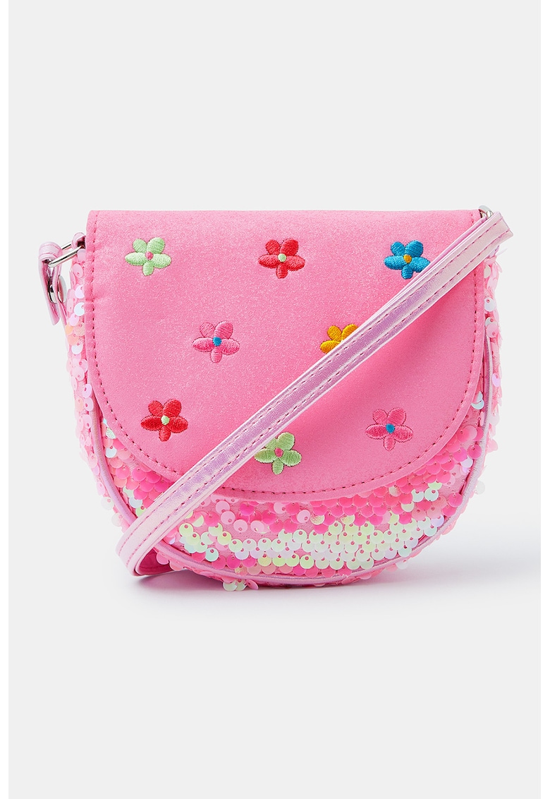 Geanta crossbody cu flori brodate si paiete - Roz pastel/Roz