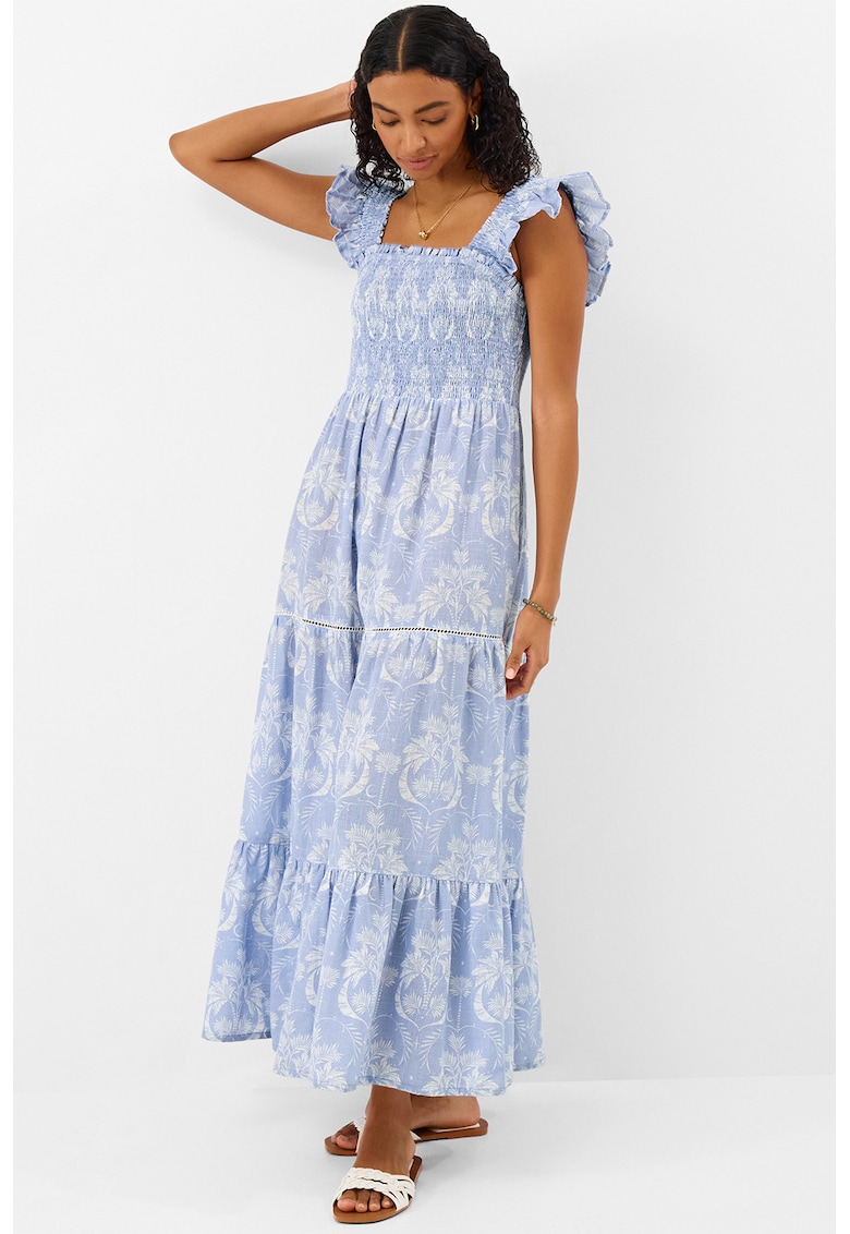 Rochie lunga cu volane si model tropical - Albastru deschis