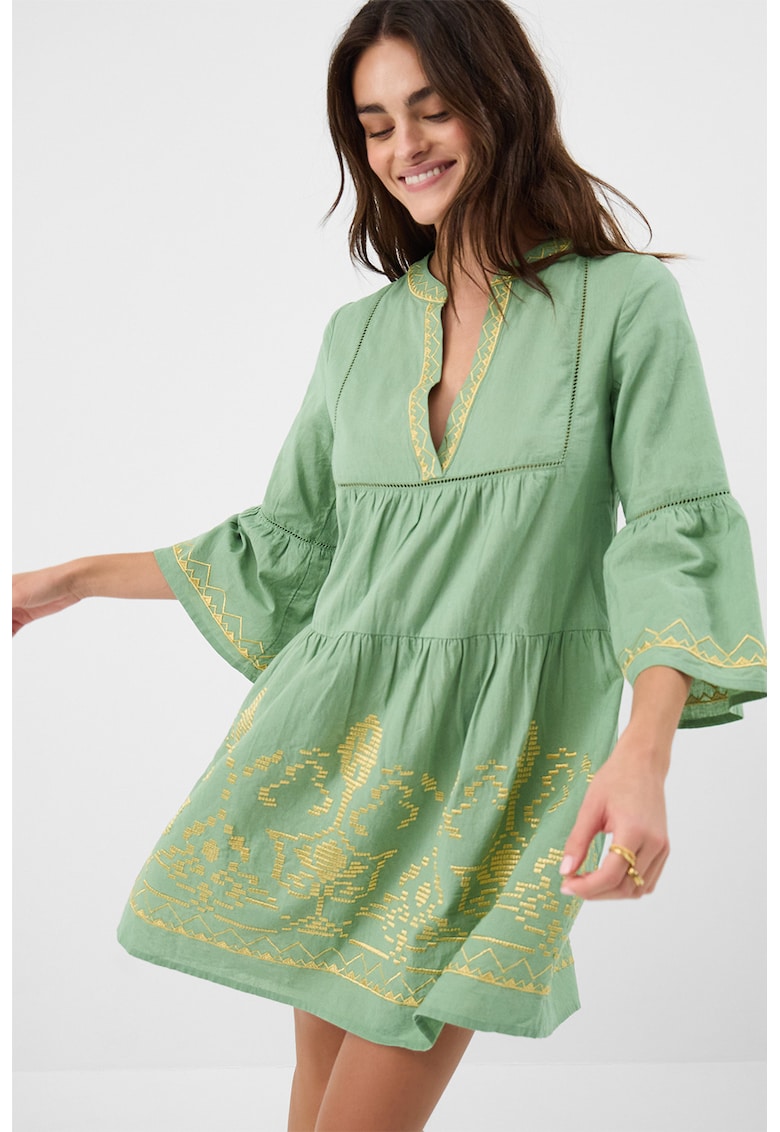 Rochie scurta din amestec de in cu croiala evazata si model brodat - Verde
