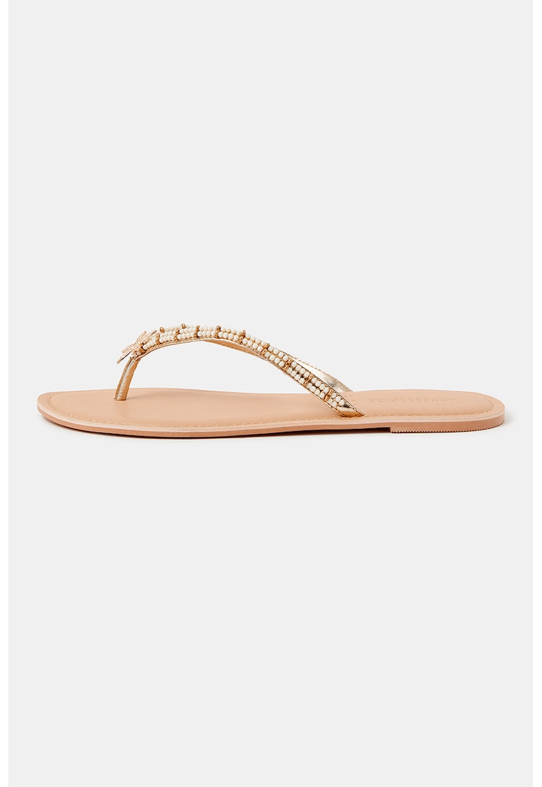 Papuci flip-flop din piele ecologica cu margele - Alb/Crem