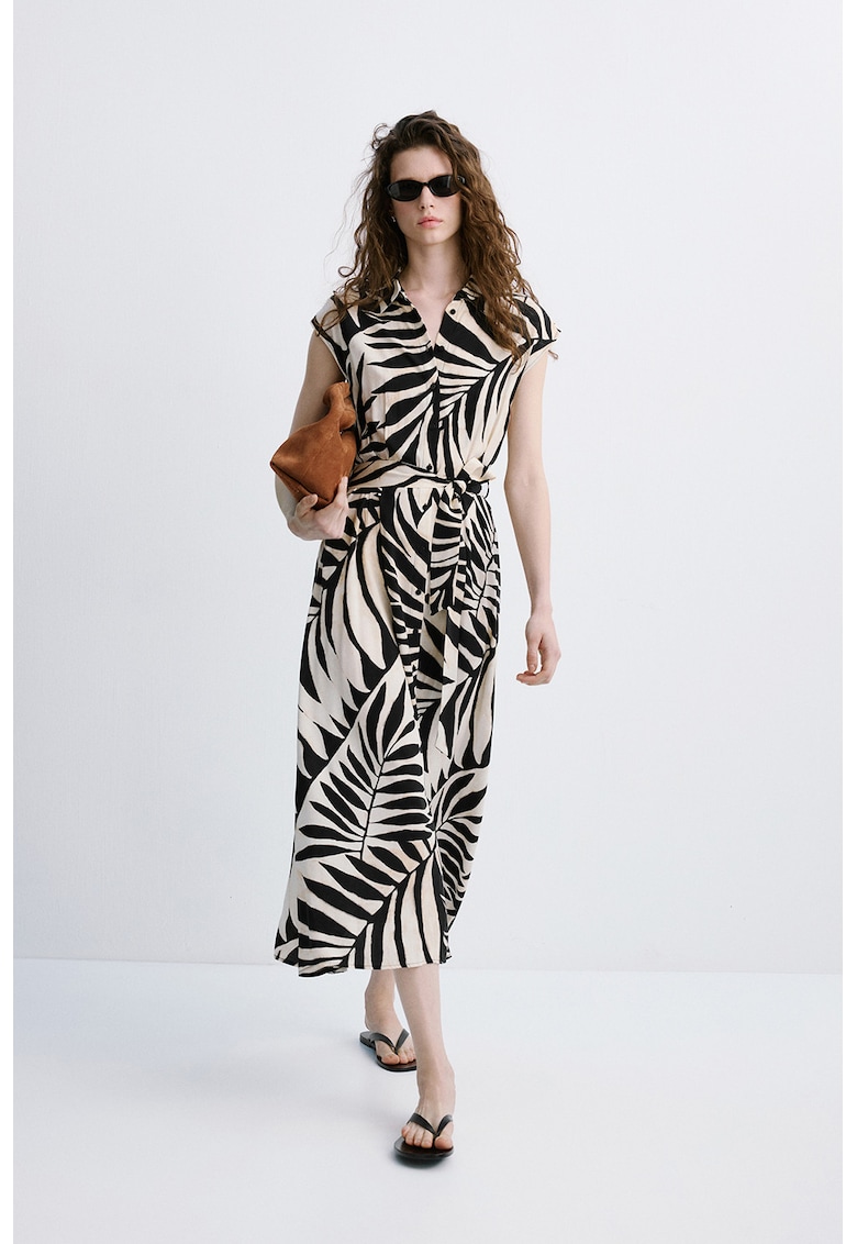 Rochie cu imprimeu tropical si nasturi - Alb fildes/Negru