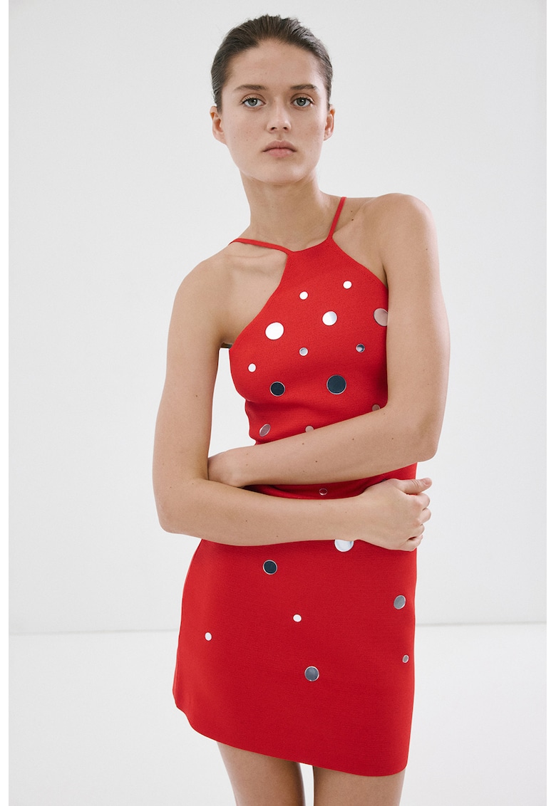 Rochie cambrata tricotata cu elemente oglinda - Rosu
