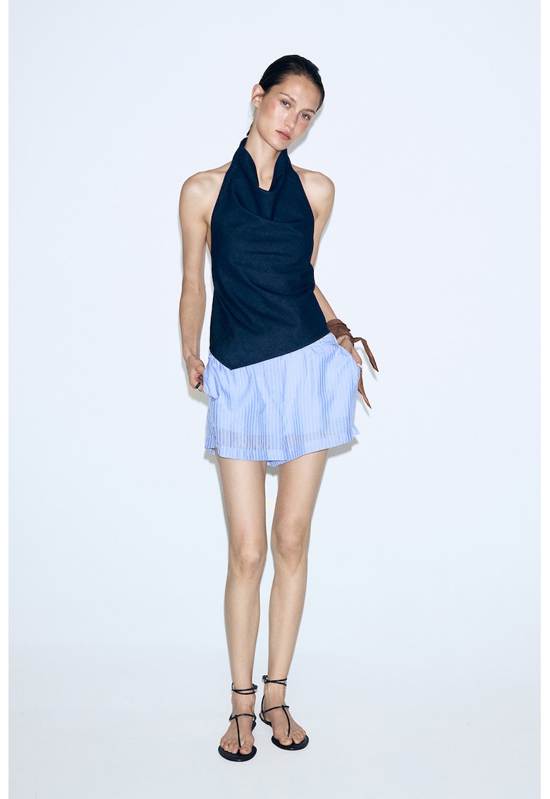 Top halter de bumbac si in - Albastru ultramarin