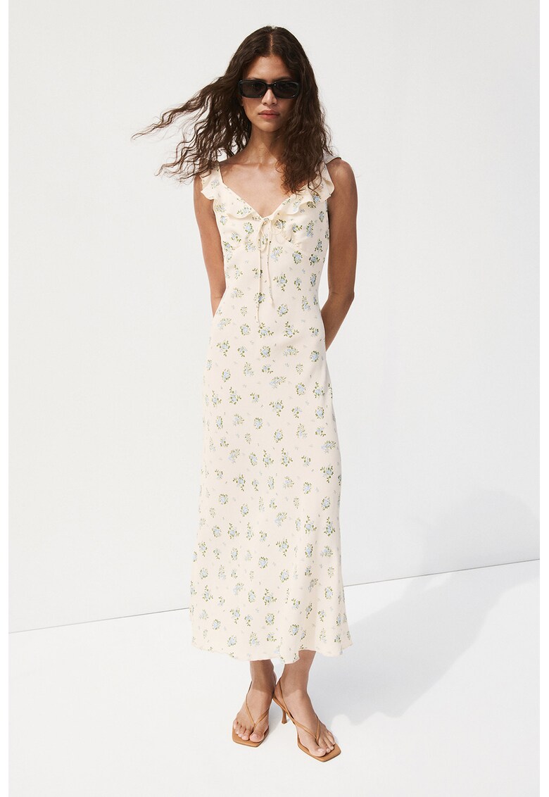 Rochie cu decolteu in V si model floral - Alb fildes/Albastru lavanda/Verde feriga