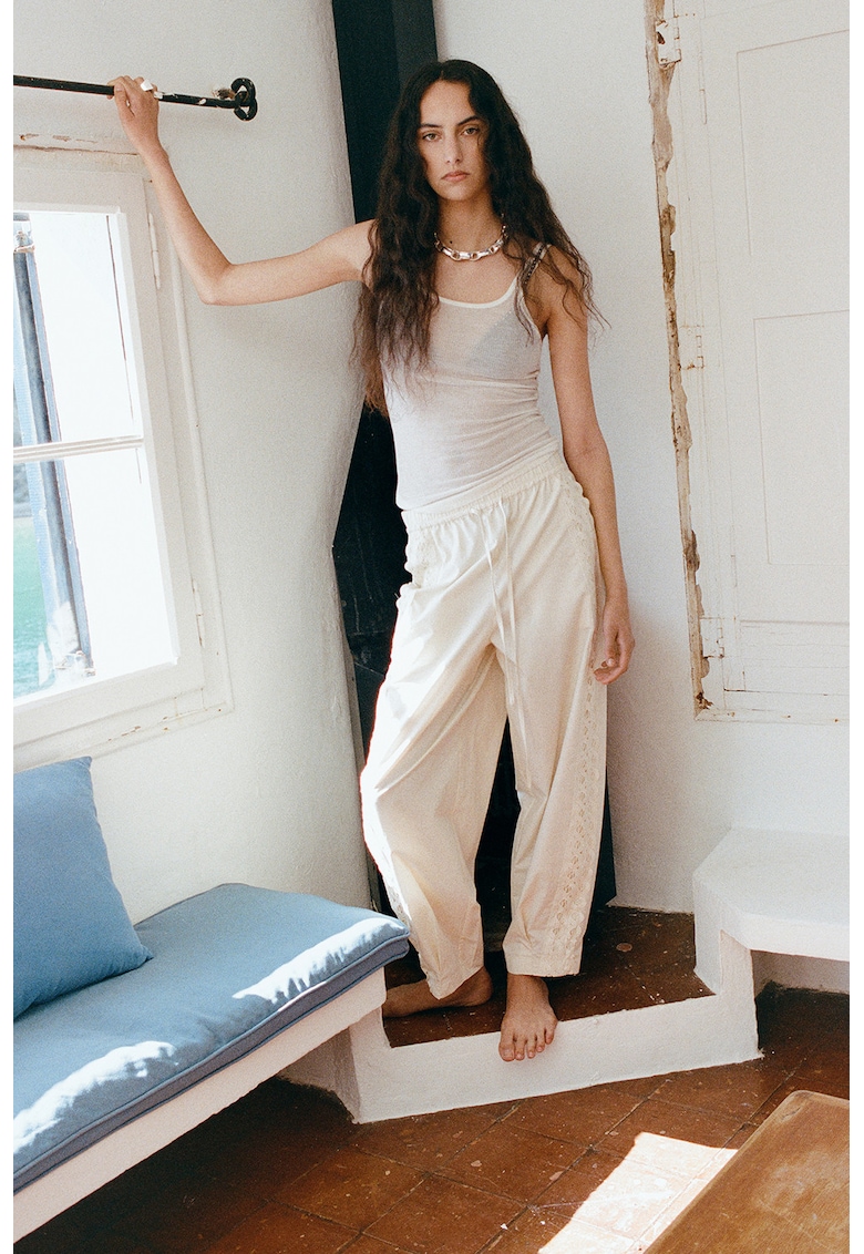 Pantaloni relaxed fit cu insertii brodate - Bej deschis