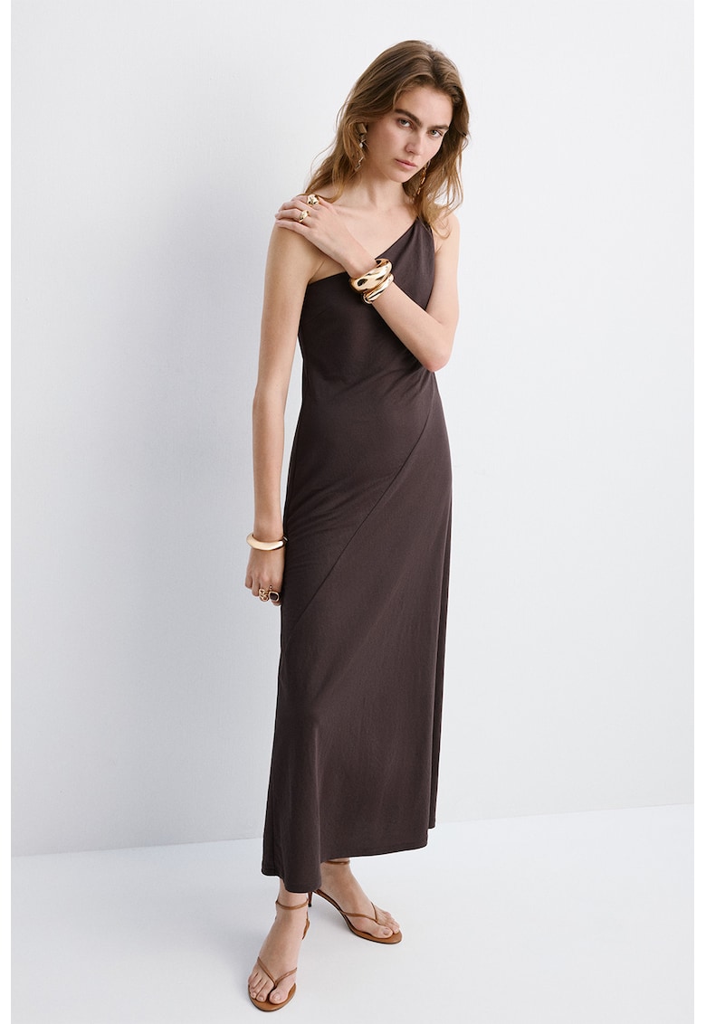 Rochie midi cu decolteu pe un umar - Maro pamantiu