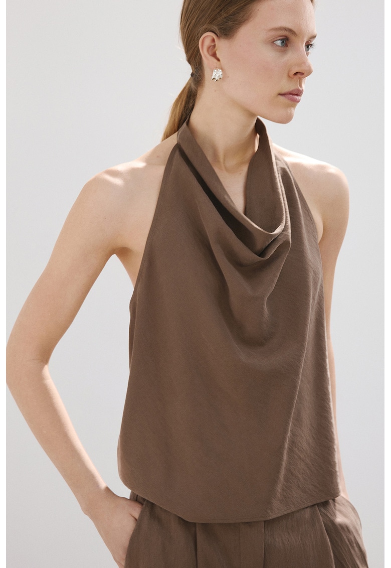 Top halter din amestec de lyocell cu decolteu drapat - Maro pamantiu