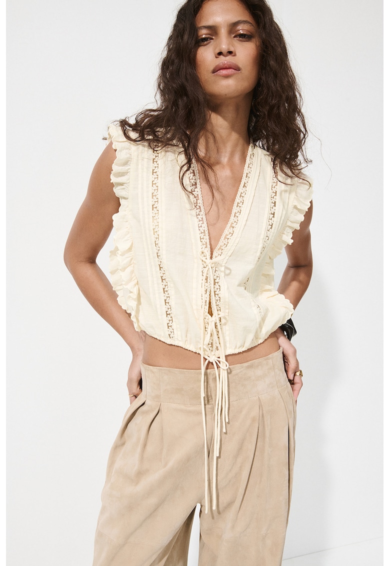 Camasa crop cu detalii brodate - Galben pal
