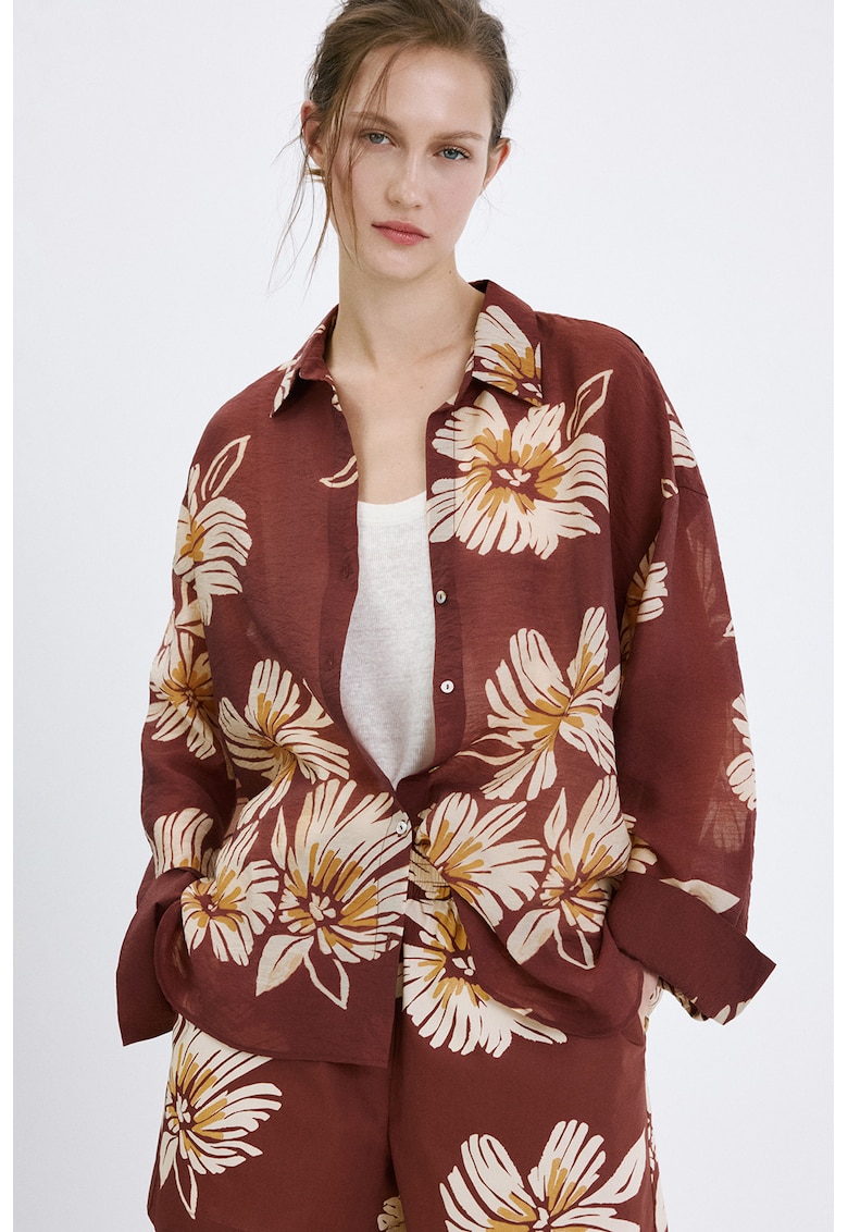 Camasa supradimensionata din amestec de lyocell cu model floral - Rosu stins/Bej deschis