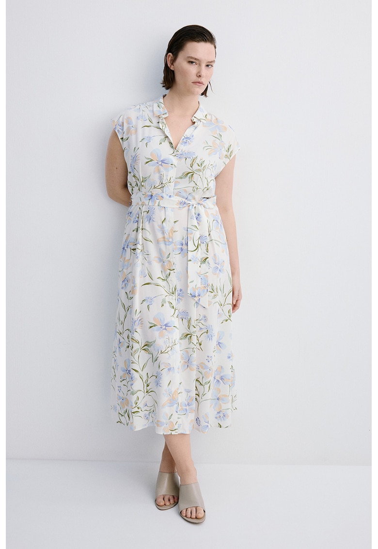 Rochie vaporoasa cu cordon in talie si model floral - Albastru lavanda/Bej inchis/Alb murdar