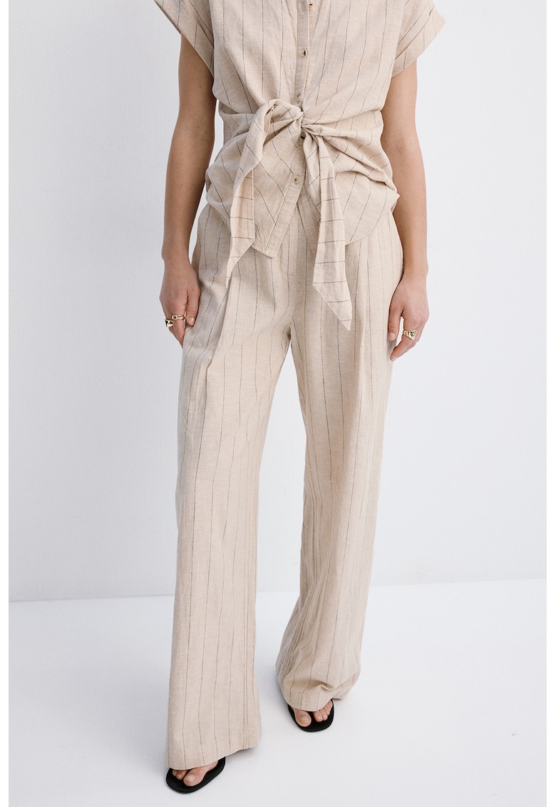 Pantaloni din amestec de in cu dungi - Bej deschis