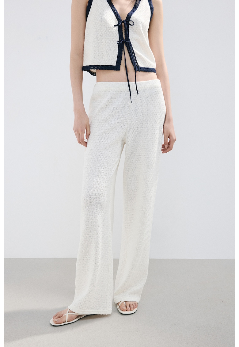 Pantaloni tricotati cu talie elastica - Alb murdar