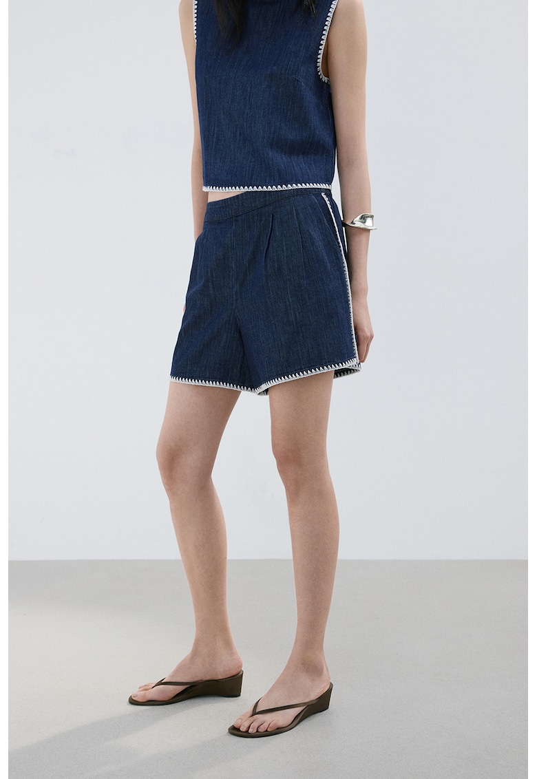 Pantaloni scurti din chambray cu cusaturi contrastante - Albastru inchis