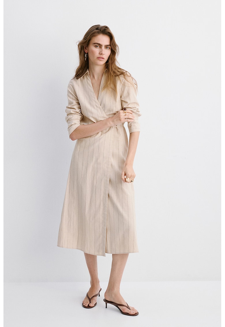 Rochie-camasa din amestec de in cu croiala petrecuta - Alb fildes
