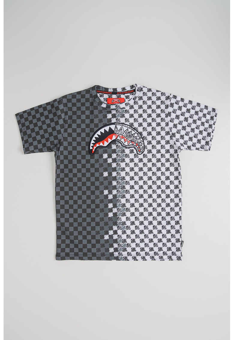 Tricou in carouri cu model in doua nuante - Alb murdar/Gri inchis