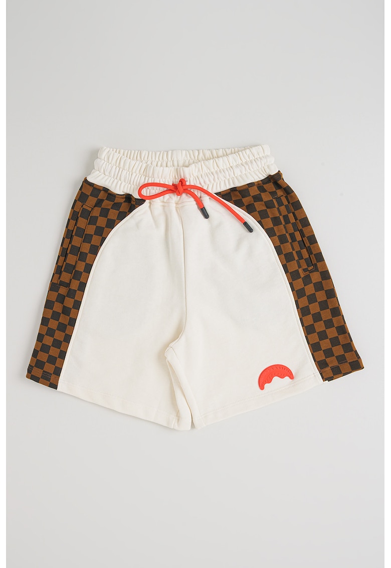 Pantaloni scurti cu snur si model in carouri - Alb fildes/Negru/Maro