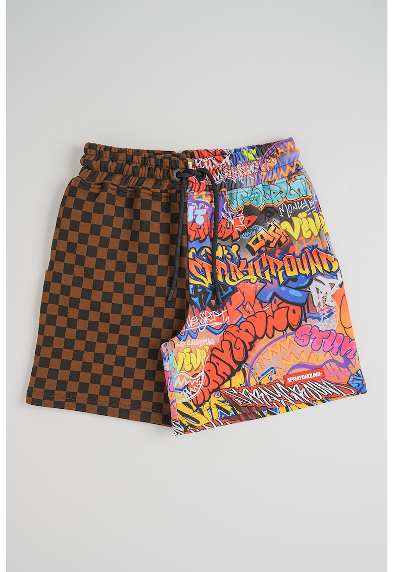 Pantaloni scurti in carouri cu imprimeu grafic - Maro/Multicolor