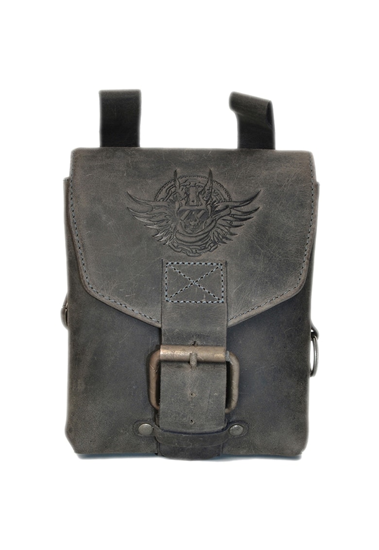 Borseta barbati piele naturala gri carbune 15 x 19 x 8 cm - Vintage Biker -