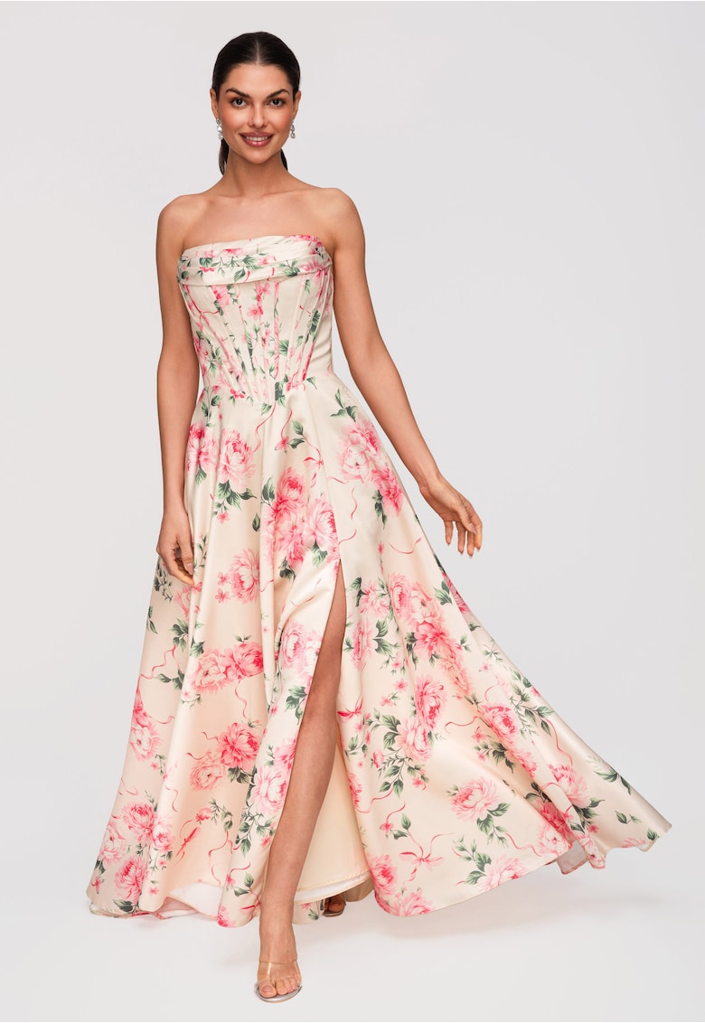 Rochie Maxi de Seara cu Corset si Fusta Evazata - Poliester Floral - Crem