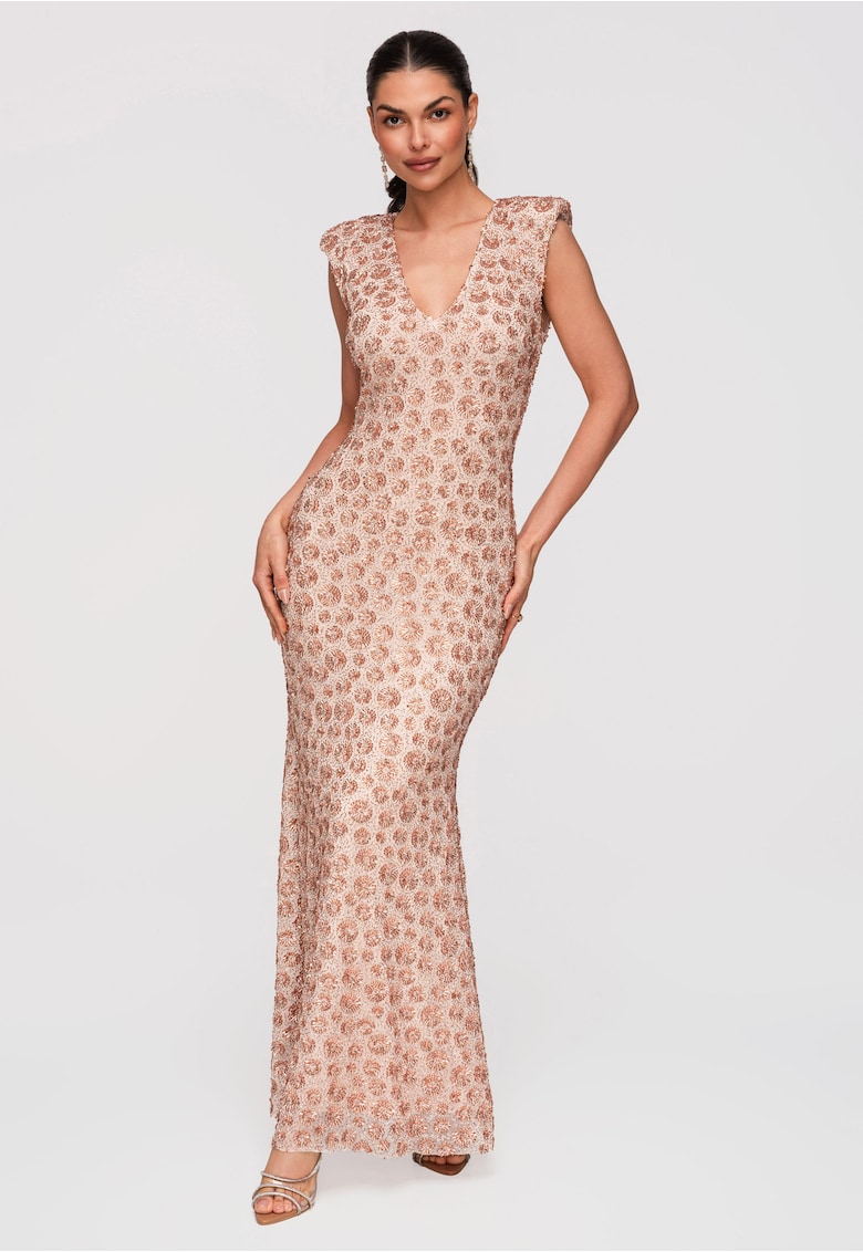 Rochie Maxi de Seara cu Paiete Elegante - Croiala Slim-Fit - Bej