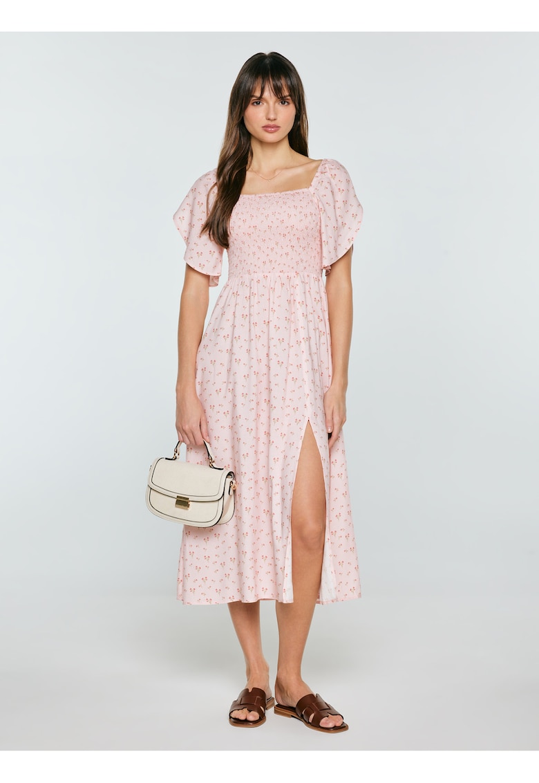 Rochie midi - motiv floral - roz - viscoza