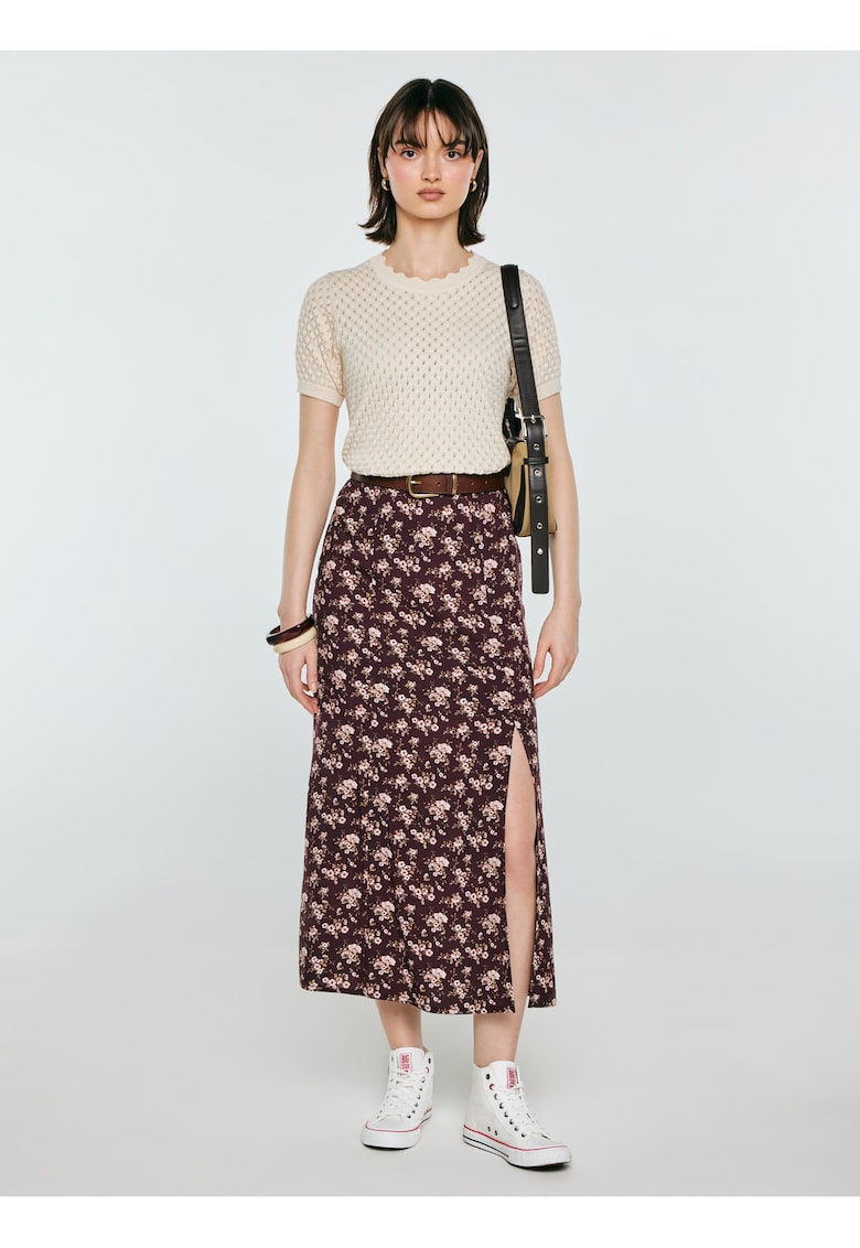 Fusta midi cu imprimeu floral si talie elastica Shimenita 804