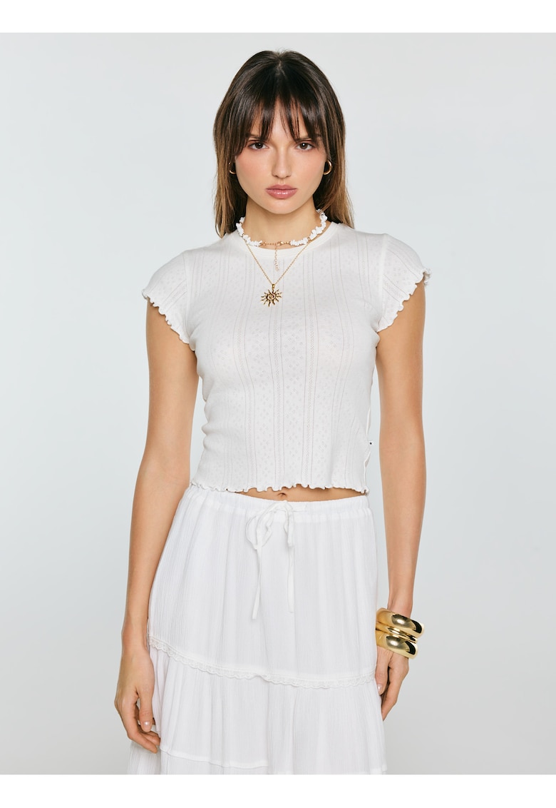 Tricou crop din tricot ajurat