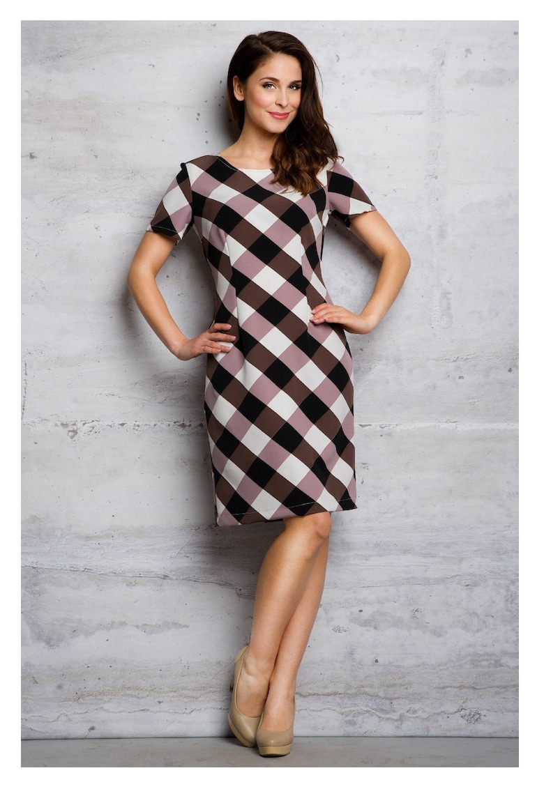 Rochie De Dama - Model Evazat In Carouri - Marimea M - Maro - 95% Poliester 5% Elastan - Rochie Midi Cu Maneca Scurta - Rochii Elegante Office - Tinuta De Zi Luxoasa - Croiala Feminina Rafinata - Fabricata In Polonia - Design Modern Si Premium