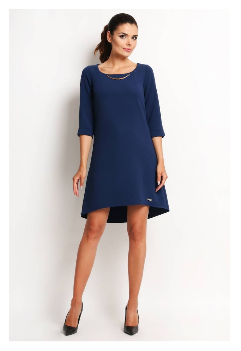 Rochie De Dama - Model Trapez Asimetric - XL - 58% Poliester 37% Vascoza 5% Elastan - Rochie Midi Cu Maneca 3/4 - Rochii Elegante De Ocazie - Croiala Evazata Cu Spate Alungit - Fabricata In Polonia - Design Luxos Si Foarte Rafinat - Albastru inchis