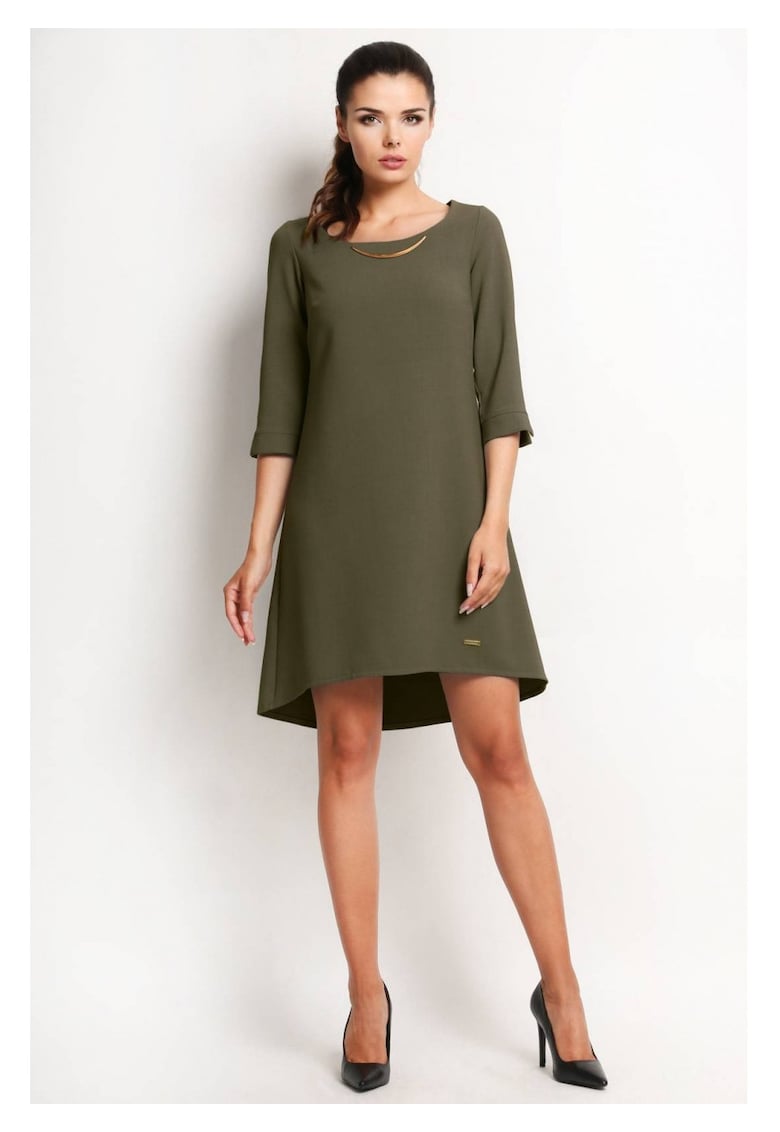 Rochie De Dama - Model Trapez Asimetric - XL - 58% Poliester 37% Vascoza 5% Elastan - Rochie Midi Cu Maneca 3/4 - Rochii Elegante De Ocazie - Croiala Evazata Cu Spate Alungit - Fabricata In Polonia - Design Luxos Si Foarte Rafinat - Verde masliniu
