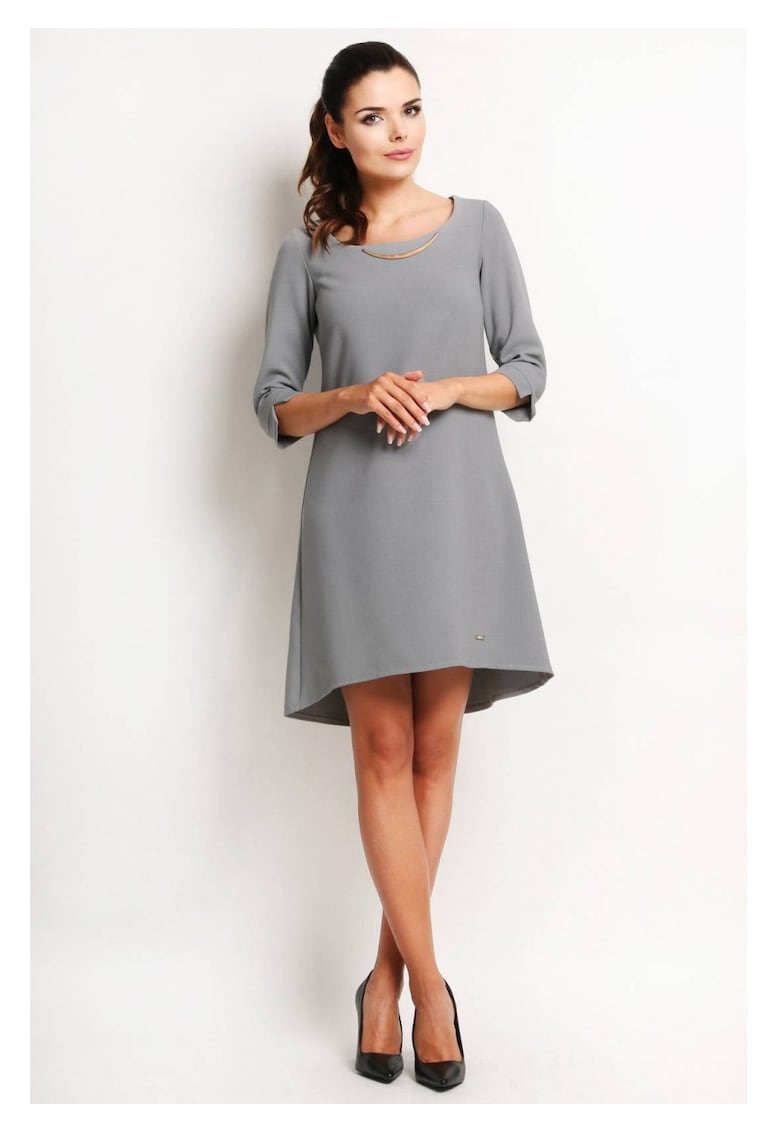 Rochie De Dama - Model Trapez Asimetric - Marimea XL - Gri - 58% Poliester 37% Vascoza 5% Elastan - Rochie Midi Cu Maneca 3/4 - Rochii Elegante De Ocazie - Croiala Evazata Cu Spate Alungit - Fabricata In Polonia - Design Luxos Premium Si Rafinat