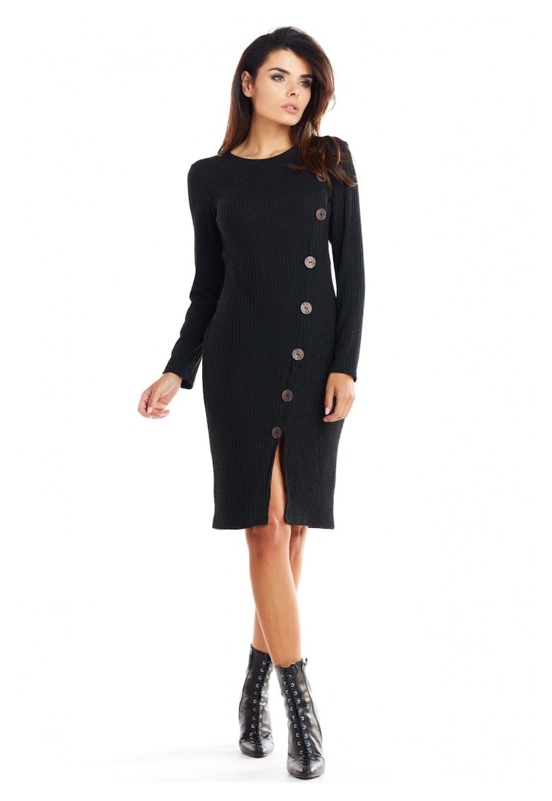 Rochie De Dama - Model Tricotat Cu Nasturi Asimetrici - Negru - 65% Vascoza 32% Poliester 3% Spandex - Rochie Midi Cu Maneca 3/4 Si Slit - Rochii Elegante Office - Croiala Mulata Foarte Confortabila - Fabricata In Polonia - Design Luxos