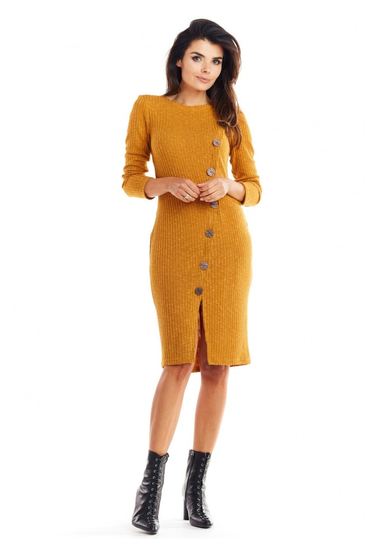 Rochie De Dama - Model Tricotat Cu Nasturi Asimetrici - Marimea S - Camel - 65% Vascoza 32% Poliester 3% Spandex - Rochie Midi Cu Maneca 3/4 Si Slit - Rochii Elegante Office - Croiala Mulata Foarte Confortabila - Fabricata In Polonia - Design Luxos